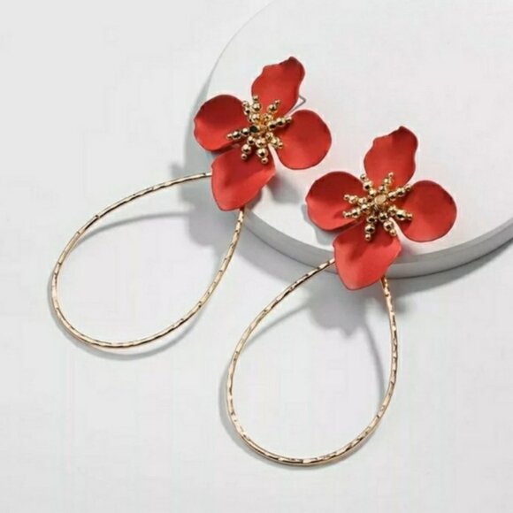 New Red Floral Drop Earrings in Gold - Picture 1 of 4